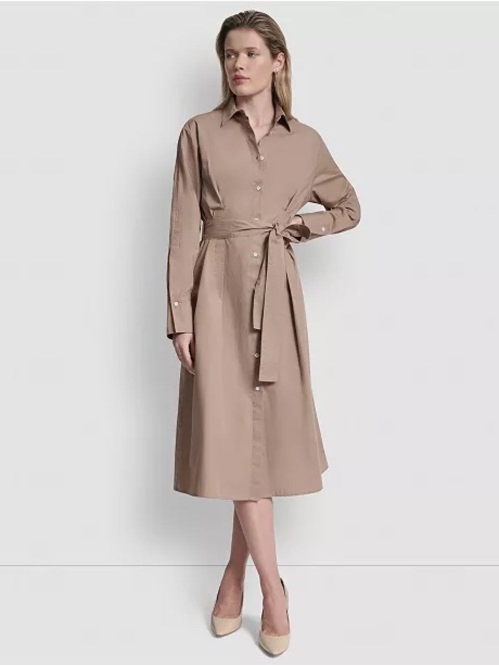 DKNY Taupe Button-Front Midi Shirt Dress with Self Tie